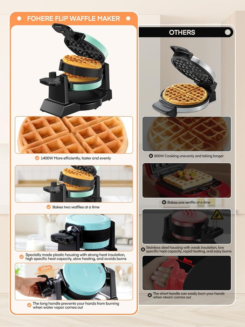 FOHERE Waffle Maker, 1400W Double Belgian Waffle Iron 180° Flip, 8 Slices in 3 Mins, Rotating & Nonstick Plates, Anti-Scald, Removable Drip Tray Easy to Clean, Cool Touch Handle, Space-Saving (Mint Blue) - Image 5